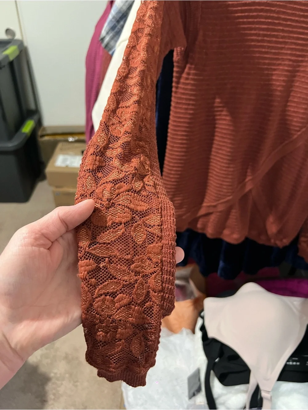 Free People Split - Back Boat Neck Rust /Terracotta Lace-Trim Sweater
